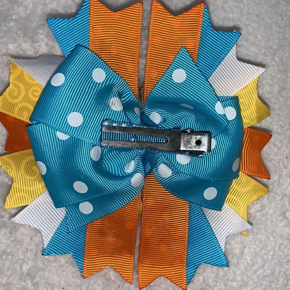Big Sunshine Day Hairbow Bow OTT Custom Made Orange Yellow & Blue EUC